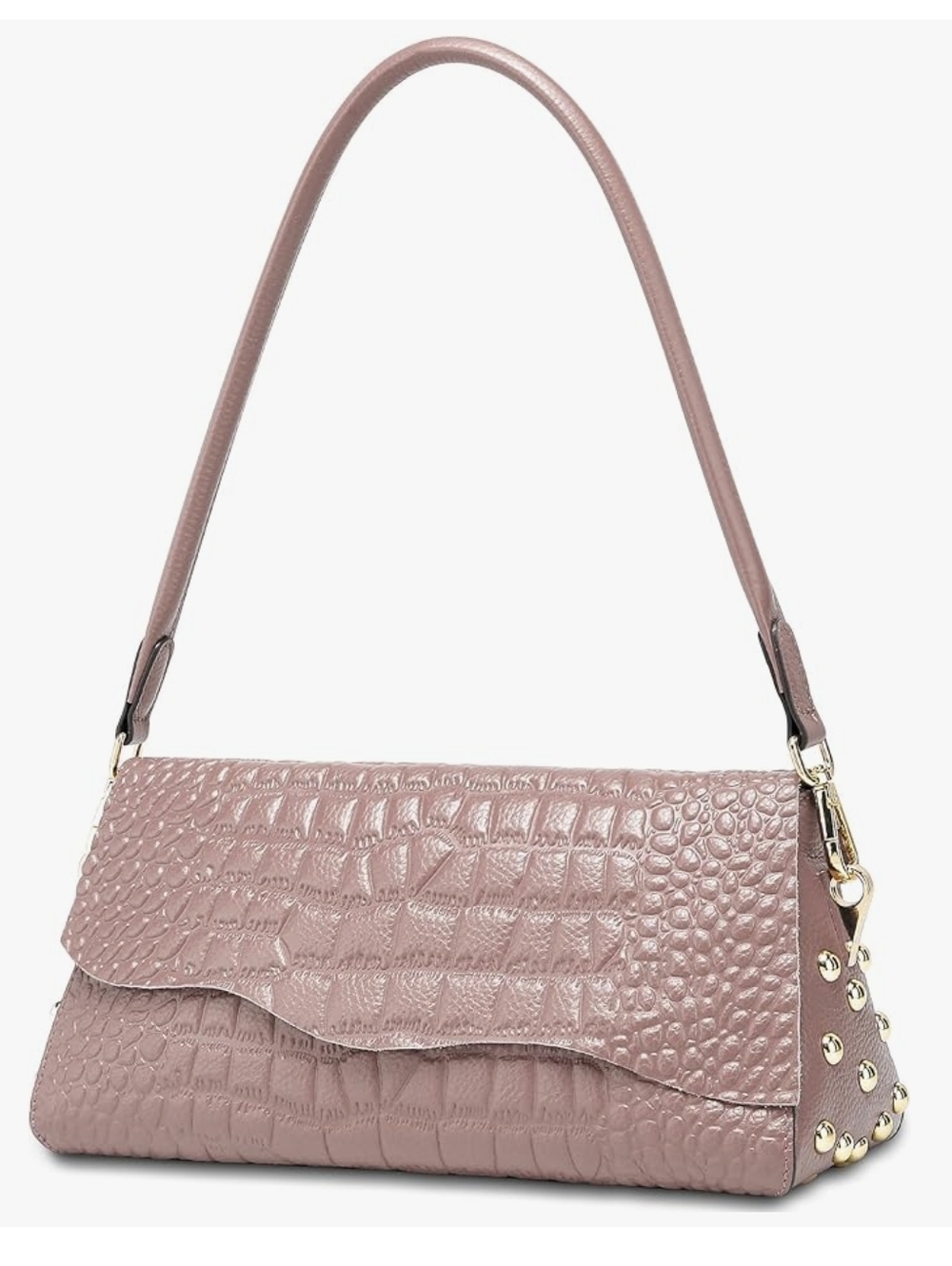 Leather Croc-Textured Shoulder Bag in Dusty Rose